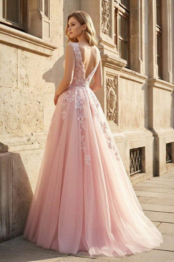 Pink Tulle Lace Long Prom Dress, Lovely A - Line Open Back Evening Dress - KissProm