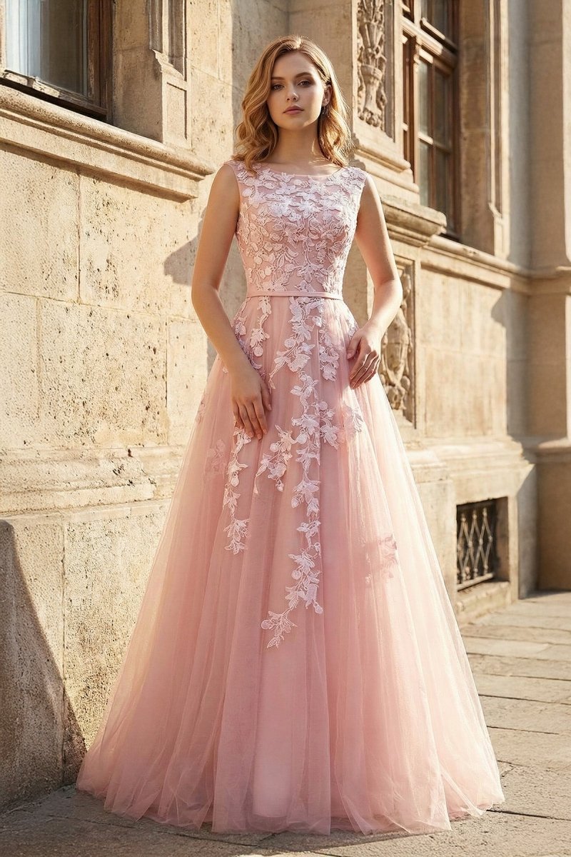 Pink Tulle Lace Long Prom Dress, Lovely A - Line Open Back Evening Dress - KissProm