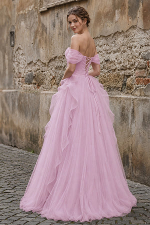 Pink Tulle Lace Long Prom Dress with Corset, Pink Formal Party Dress – Prom Dress by KissProm | Available at KissProm