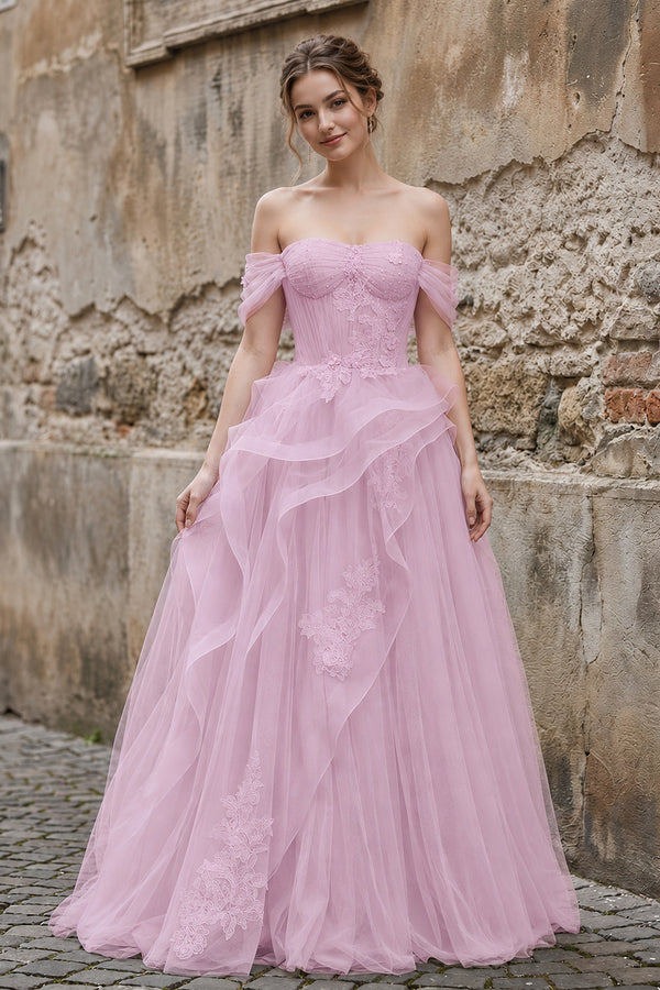 Pink Tulle Lace Long Prom Dress with Corset, Pink Formal Party Dress – Prom Dress by KissProm | Available at KissProm