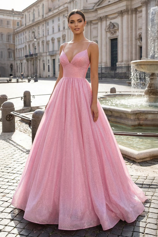 KissProm- Pink Tulle Long Backless Prom Dress A-Line V Neck Party Dress