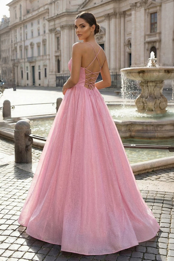 KissProm- Pink Tulle Long Backless Prom Dress A-Line V Neck Party Dress