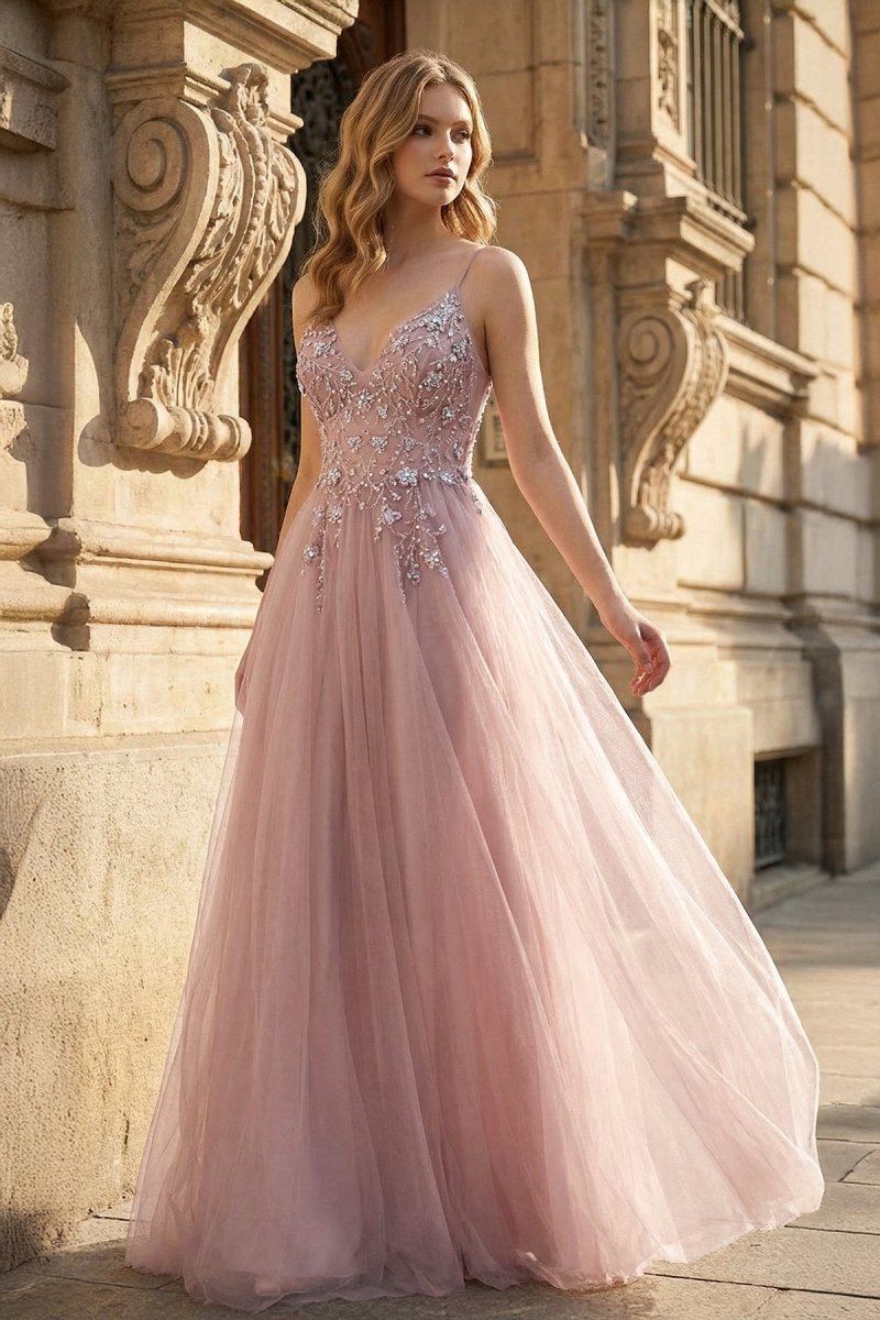 Pink Tulle Long A - Line Prom Dress, Pink Spaghetti Formal Dress with Beaded - KissProm