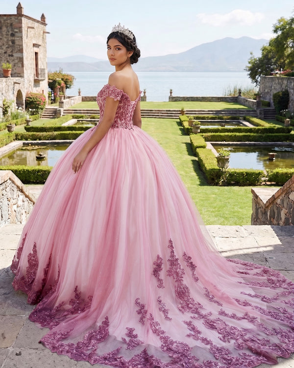 Pink Tulle Off The Shoulder Quinceanera Dress (2) | KISSPROM