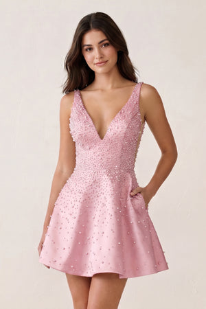 Pink V-Neck A-Line Satin Homecoming Dress With Pearl | KISSPROM