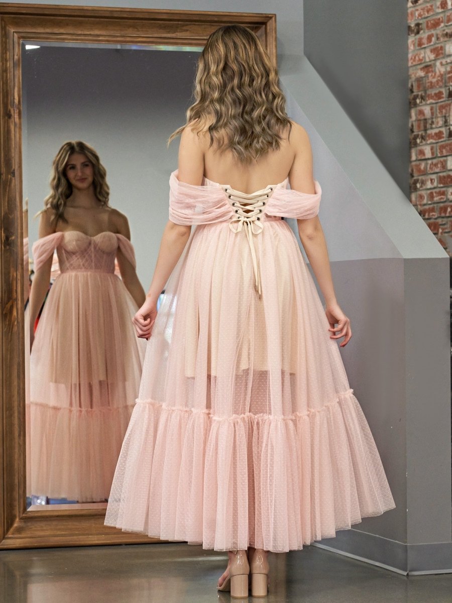 【Rosyluce】RIBBON TULLE CAMI DRESS A-Line Rose Pink Tulle Sweetheart Tea-Length Prom Dress