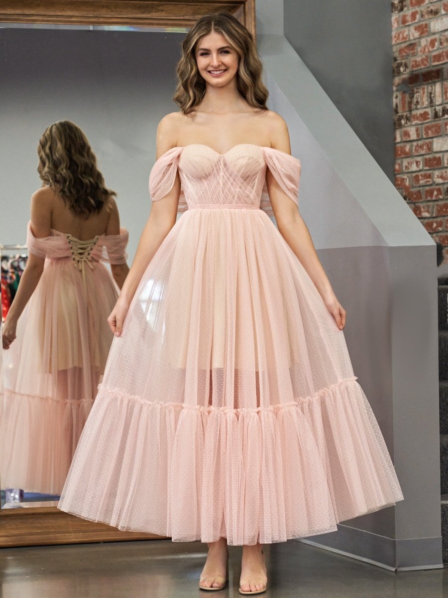slim fit dress slacks Pink Satin Lace Tea Length Prom Dress, Pink Evening Dress US 16 / Pink main image 1