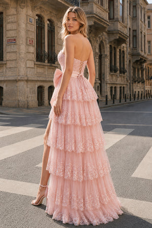 A-Line Sweetheart Sequin Ruffles Long Prom Dresses with Bow - KissProm