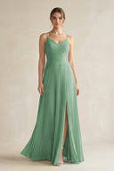 Pleated A - Line Long Chiffon Bridesmaid Dress in Sea Glass - KissProm Bridesmaid Dresses