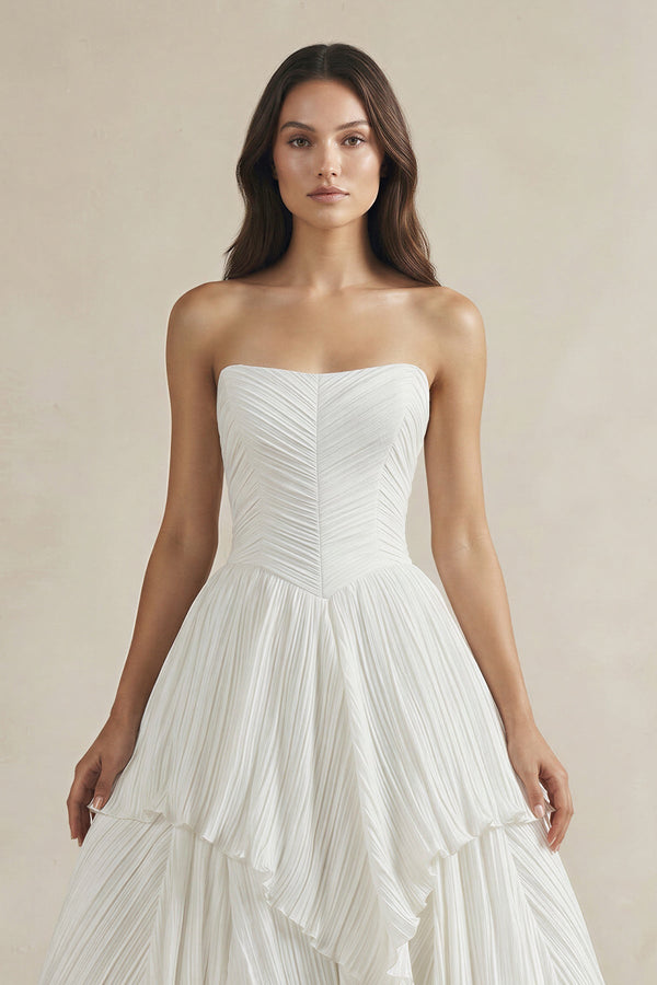 Pleated A - Line Ruffled Strapless Wedding Dress in White - KissProm Wedding Dresses