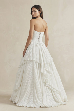 Pleated A - Line Ruffled Strapless Wedding Dress in White - KissProm Wedding Dresses