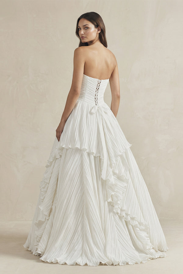 Pleated A - Line Ruffled Strapless Wedding Dress in White - KissProm Wedding Dresses