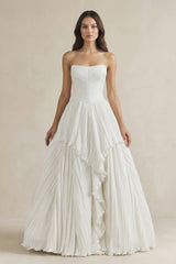Pleated A - Line Ruffled Strapless Wedding Dress in White - KissProm Wedding Dresses