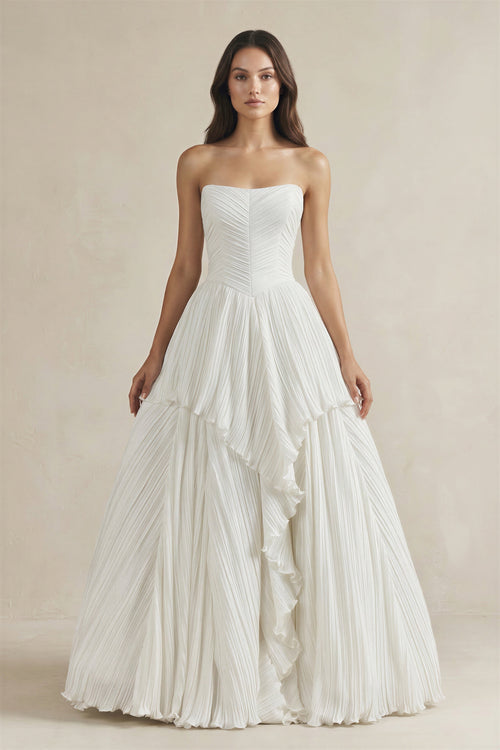 Pleated A - Line Ruffled Strapless Wedding Dress in White - KissProm Wedding Dresses