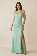 Cami Strap Sheath Chiffon Bridesmaid Dress with Slit in Pale Pistachio - KissProm BRIDESMAID DRESSES