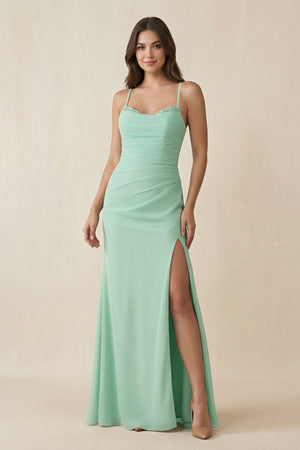 Cami Strap Sheath Chiffon Bridesmaid Dress with Slit in Pale Pistachio - KissProm BRIDESMAID DRESSES