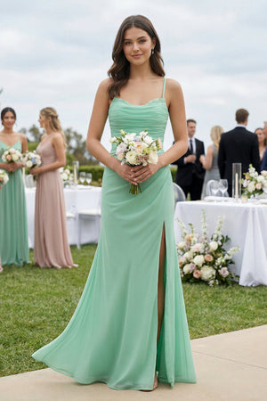 Cami Strap Sheath Chiffon Bridesmaid Dress with Slit in Pale Pistachio - KissProm BRIDESMAID DRESSES