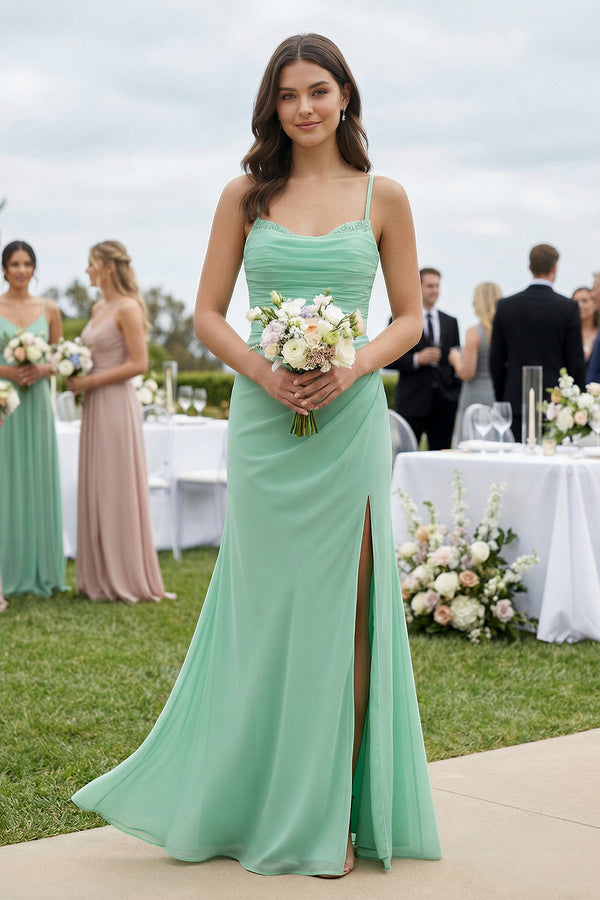 Cami Strap Sheath Chiffon Bridesmaid Dress with Slit in Pale Pistachio - KissProm BRIDESMAID DRESSES