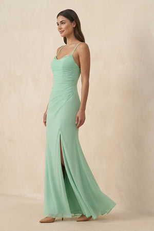 Cami Strap Sheath Chiffon Bridesmaid Dress with Slit in Pale Pistachio - KissProm BRIDESMAID DRESSES