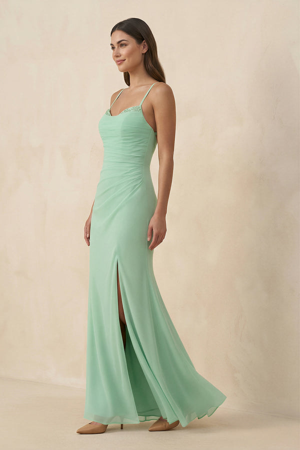 Cami Strap Sheath Chiffon Bridesmaid Dress with Slit in Pale Pistachio - KissProm BRIDESMAID DRESSES