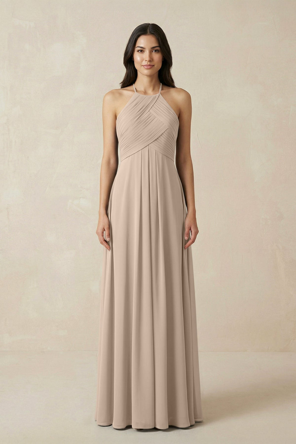 A-Line Halter Neck Pleated Chiffon Bridesmaid Dress in Almond - KissProm BRIDESMAID DRESSES