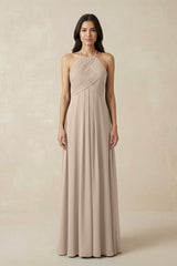 A-Line Halter Neck Pleated Chiffon Bridesmaid Dress in Almond - KissProm BRIDESMAID DRESSES