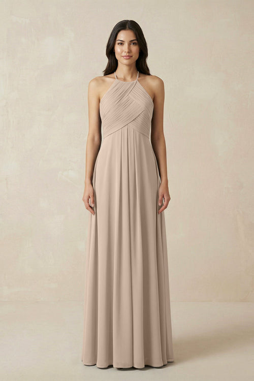 A-Line Halter Neck Pleated Chiffon Bridesmaid Dress in Almond - KissProm BRIDESMAID DRESSES