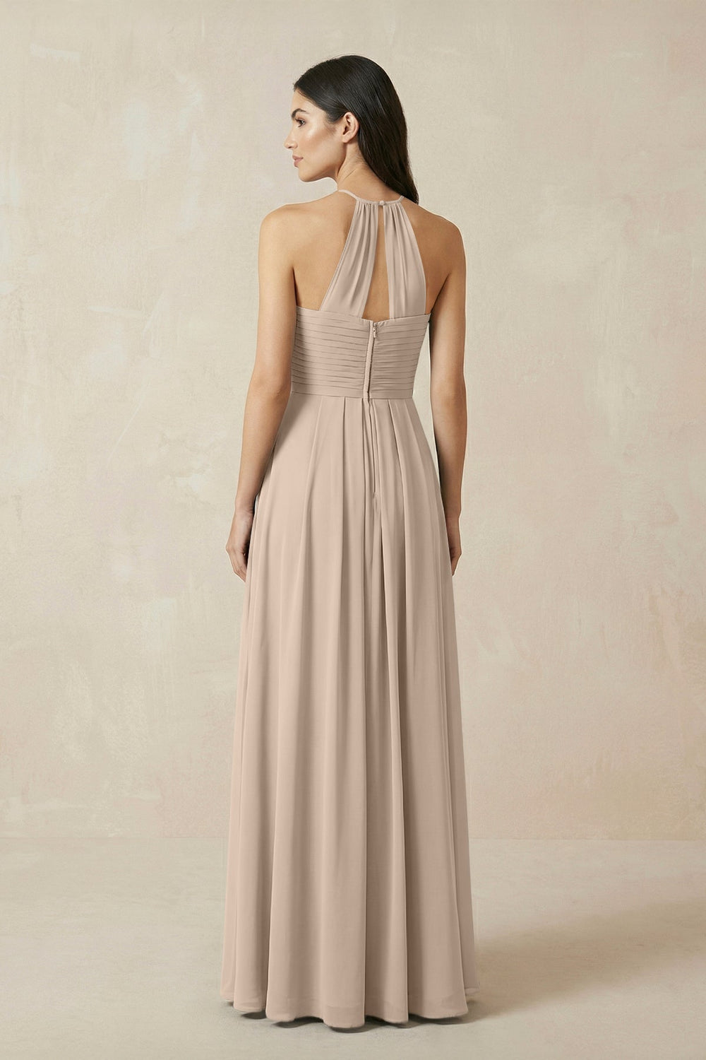 A-Line Halter Neck Pleated Chiffon Bridesmaid Dress in Almond - KissProm BRIDESMAID DRESSES