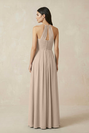 A-Line Halter Neck Pleated Chiffon Bridesmaid Dress in Almond - KissProm BRIDESMAID DRESSES