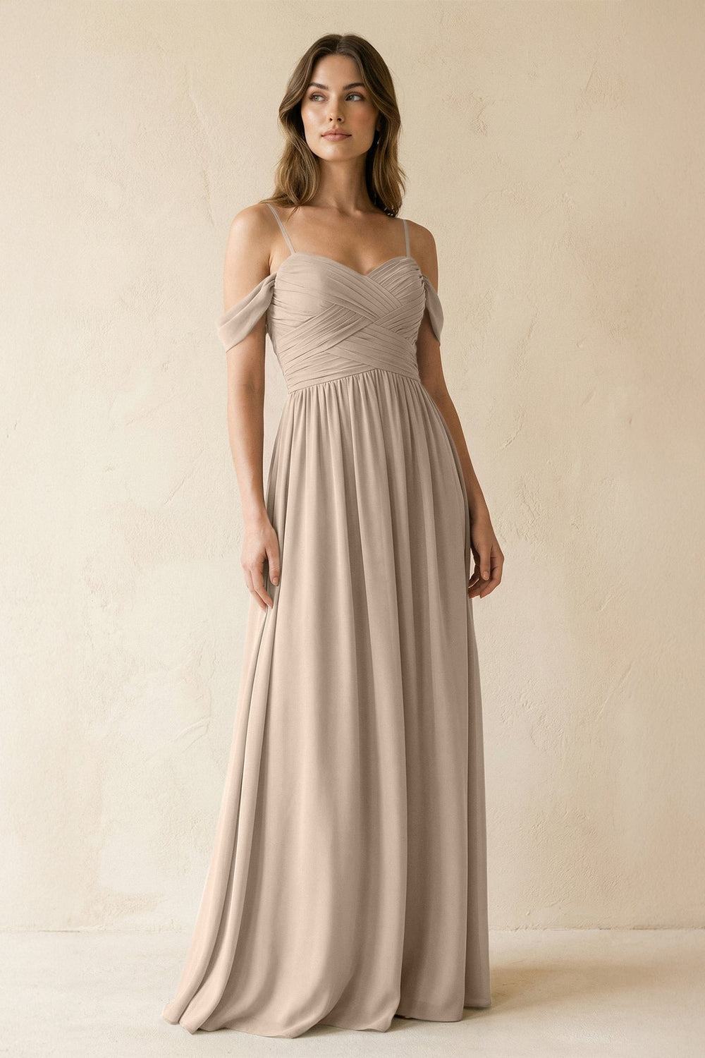 A-Line Off-the-Shoulder Pleated Chiffon Bridesmaid Dress in Almond - KissProm BRIDESMAID DRESSES