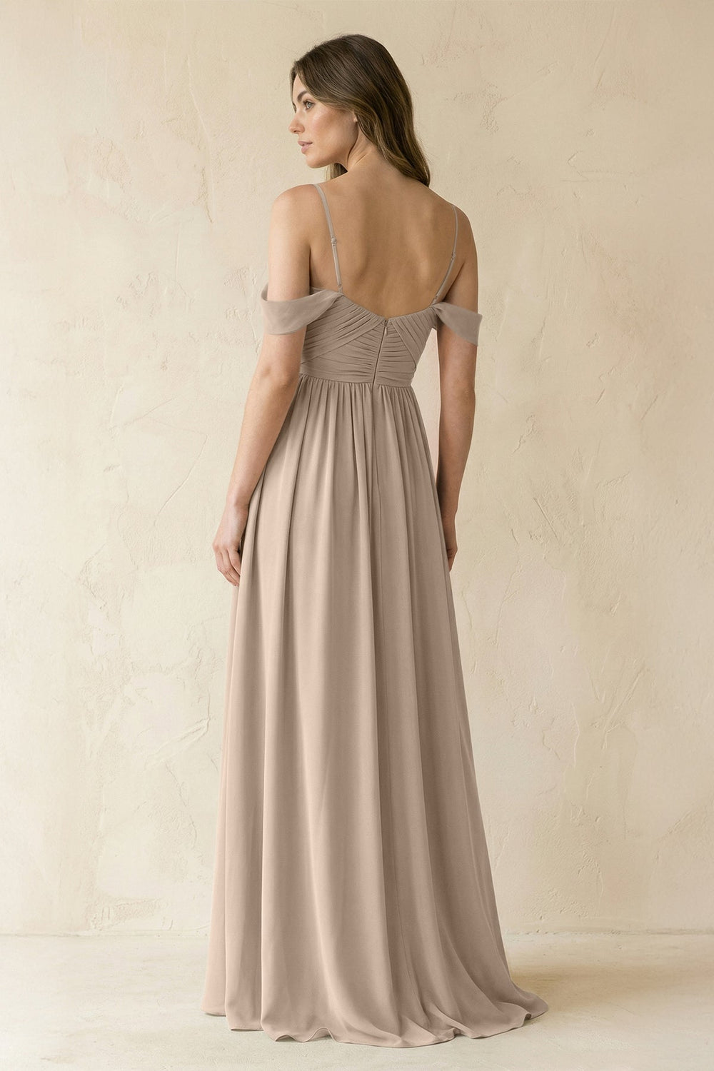 A-Line Off-the-Shoulder Pleated Chiffon Bridesmaid Dress in Almond - KissProm BRIDESMAID DRESSES