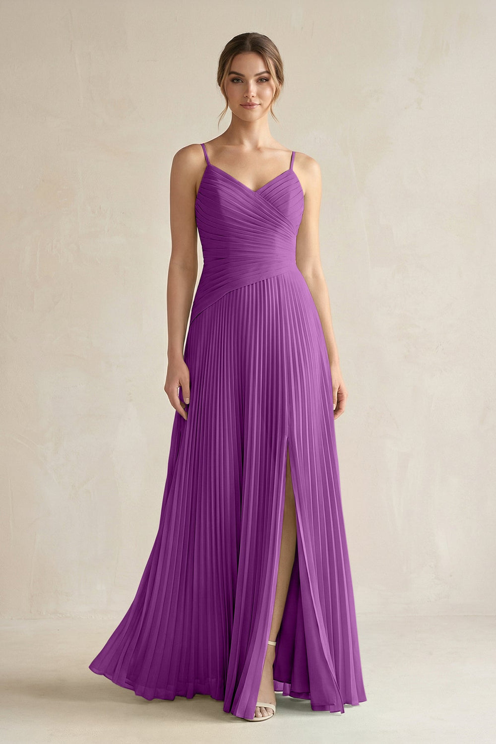 Pleated A-Line Long Chiffon Bridesmaid Dress in Amethyst