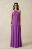A-Line Halter Neck Pleated Chiffon Bridesmaid Dress in Amethyst - KissProm BRIDESMAID DRESSES