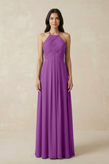 A-Line Halter Neck Pleated Chiffon Bridesmaid Dress in Amethyst - KissProm BRIDESMAID DRESSES