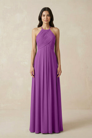 A-Line Halter Neck Pleated Chiffon Bridesmaid Dress in Amethyst - KissProm BRIDESMAID DRESSES