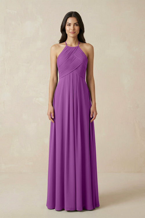 A-Line Halter Neck Pleated Chiffon Bridesmaid Dress in Amethyst - KissProm BRIDESMAID DRESSES