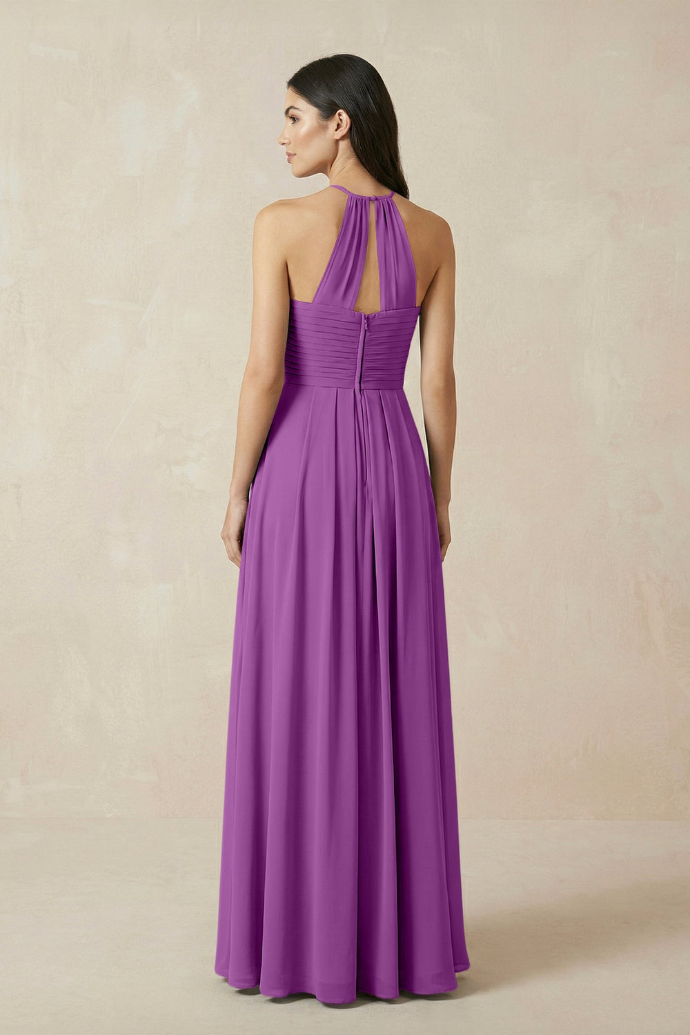 A-Line Halter Neck Pleated Chiffon Bridesmaid Dress in Amethyst - KissProm BRIDESMAID DRESSES