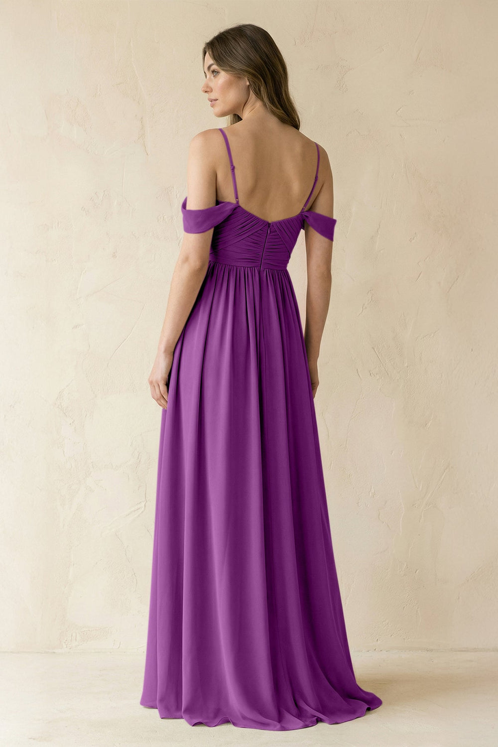 A-Line Off-the-Shoulder Pleated Chiffon Bridesmaid Dress in Amethyst - KissProm BRIDESMAID DRESSES