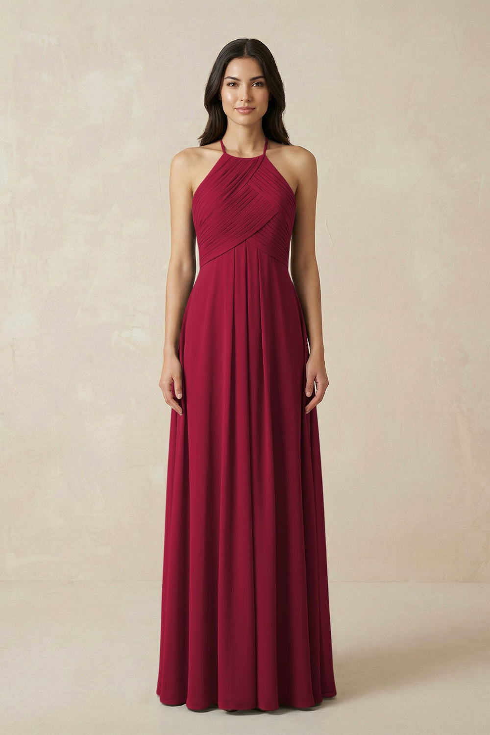 A-Line Halter Neck Pleated Chiffon Bridesmaid Dress in Berry - KissProm BRIDESMAID DRESSES