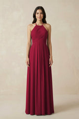 A-Line Halter Neck Pleated Chiffon Bridesmaid Dress in Berry - KissProm BRIDESMAID DRESSES