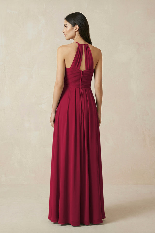 A-Line Halter Neck Pleated Chiffon Bridesmaid Dress in Berry - KissProm BRIDESMAID DRESSES