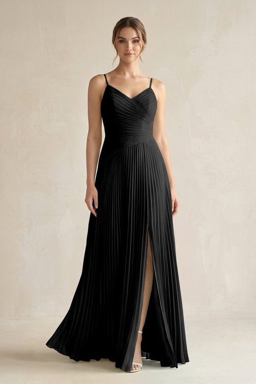 Pleated A-Line Long Chiffon Bridesmaid Dress in Black