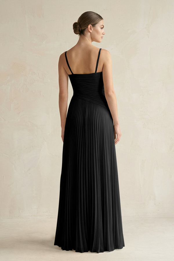 Pleated A-Line Long Chiffon Bridesmaid Dress in Black