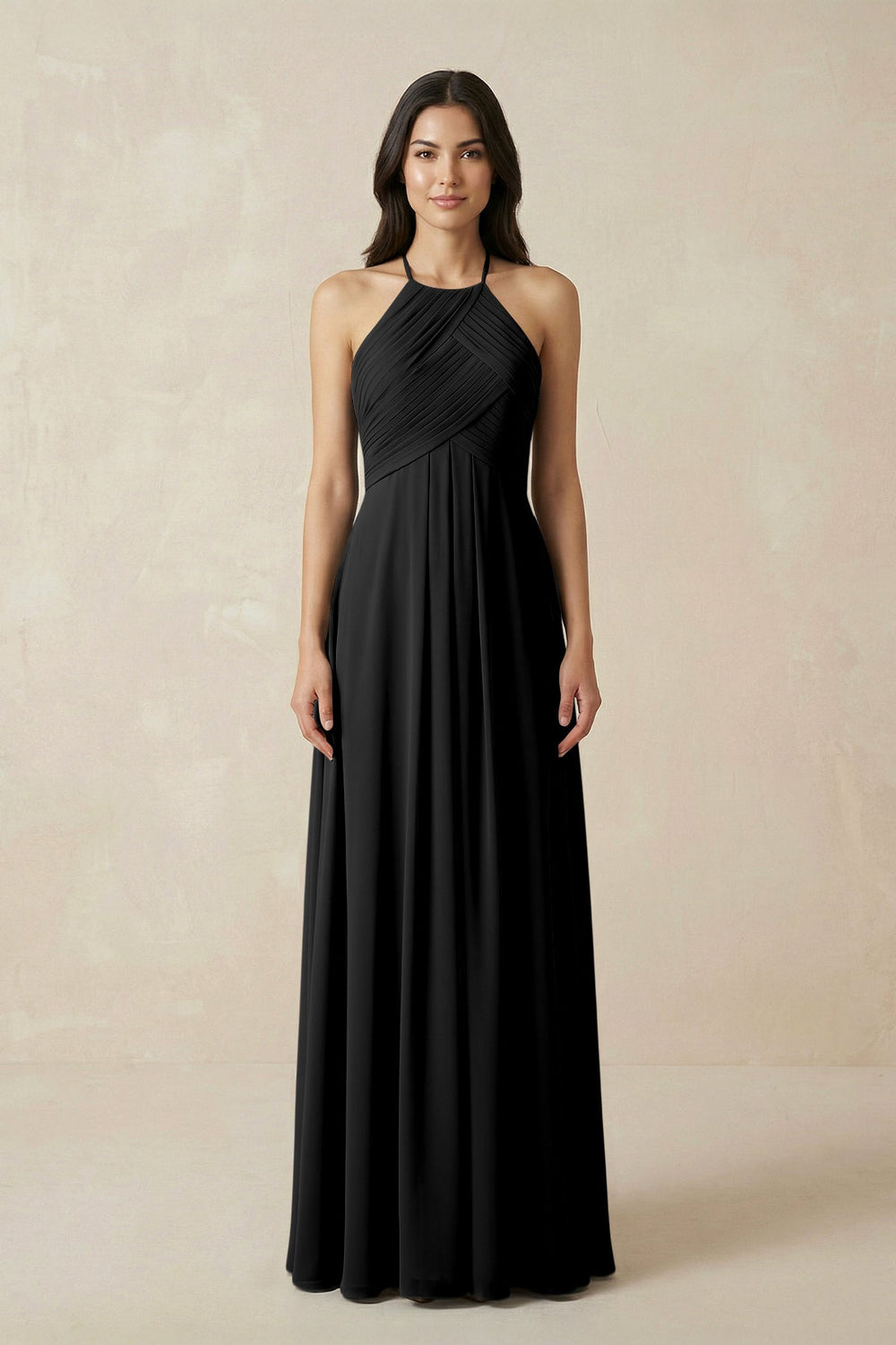 A-Line Halter Neck Pleated Chiffon Bridesmaid Dress in Black - KissProm BRIDESMAID DRESSES