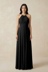 A-Line Halter Neck Pleated Chiffon Bridesmaid Dress in Black - KissProm BRIDESMAID DRESSES