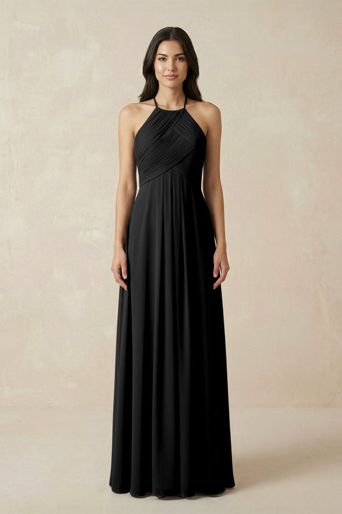 KissProm | Halter Neck Pleated Chiffon Bridesmaid Dress for Gala in Black