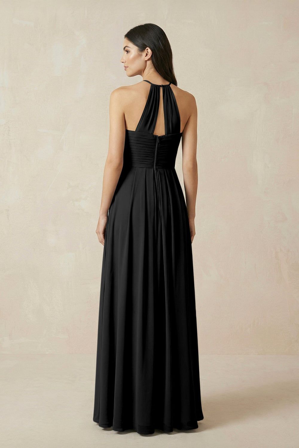 A-Line Halter Neck Pleated Chiffon Bridesmaid Dress in Black - KissProm BRIDESMAID DRESSES