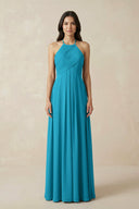 A-Line Halter Neck Pleated Chiffon Bridesmaid Dress in Blue Jay - KissProm BRIDESMAID DRESSES