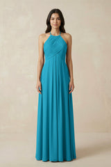 A-Line Halter Neck Pleated Chiffon Bridesmaid Dress in Blue Jay - KissProm BRIDESMAID DRESSES
