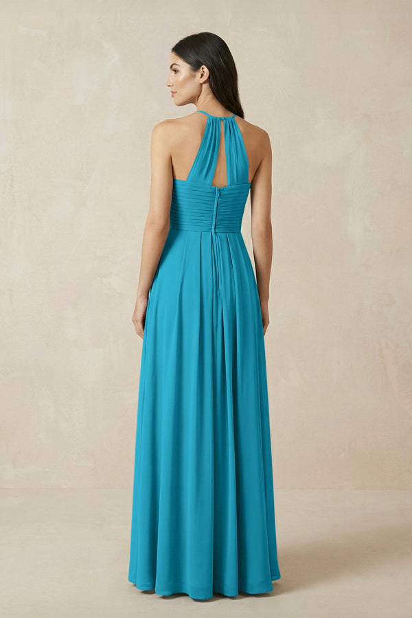A-Line Halter Neck Pleated Chiffon Bridesmaid Dress in Blue Jay - KissProm BRIDESMAID DRESSES